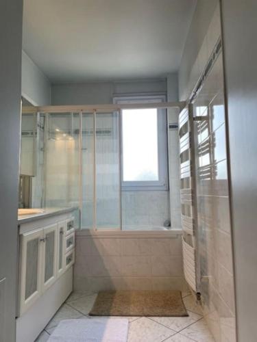 une salle de bain avec une douche et un lavabo et une fenêtre dans l'établissement Nanterre Mont Valérien, à Nanterre