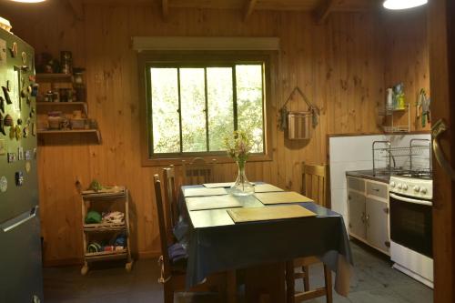 a kitchen with a table with a vase on it at Coñaripe alojamiento in Panguipulli