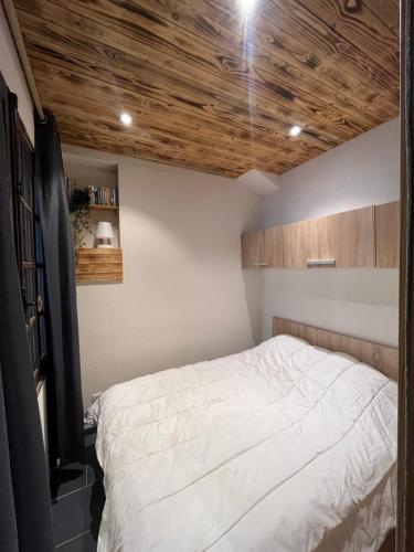 a bedroom with a bed and wooden ceilings at Appartement à Sevrier in Sévrier
