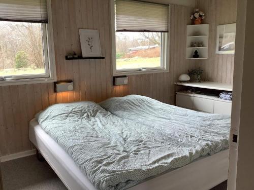 a bedroom with a bed and two windows in it at Holiday home Roslev XXXV in Roslev