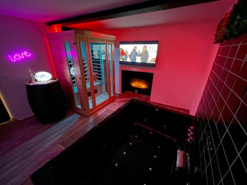 a room with a fireplace and a tv on the wall at ZEN & SPA in Givet