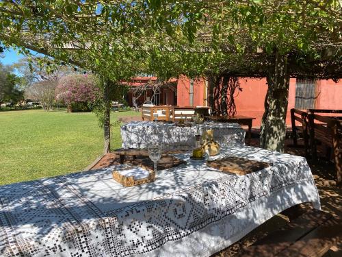 a table with a table cloth on it under a tree at Estancia La violeta in Chajarí