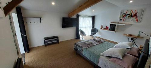 1 dormitorio con 1 cama grande en una habitación en chambre Lilas Domaine Cap de Coste, en Saint-Frajou