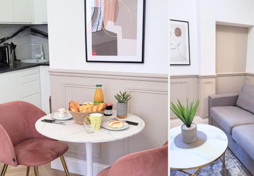 duas fotos de uma sala de estar com uma mesa com comida em Nestor&Jeeves - ROSE - Central - Near Beach em Nice