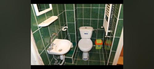 a green tiled bathroom with a toilet and a sink at Hotel Noroc in Leova