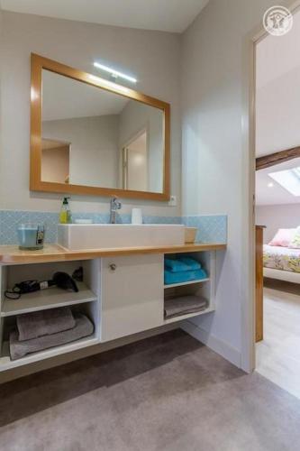une salle de bain avec un lavabo et un miroir dans l'établissement Très belle demeure Roche de Solutré - 15 personnes, à Solutré-Pouilly