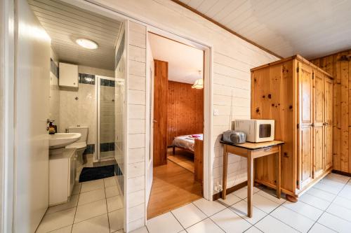 uma pequena casa de banho com um lavatório e um micro-ondas em Chez les Charles em Bernex