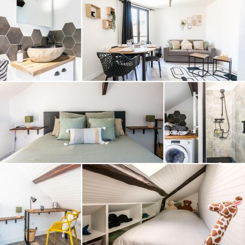 a collage of photos of a bedroom and a living room at Le 27 - Appartement Cosy - Disney 15min in Crecy la Chapelle