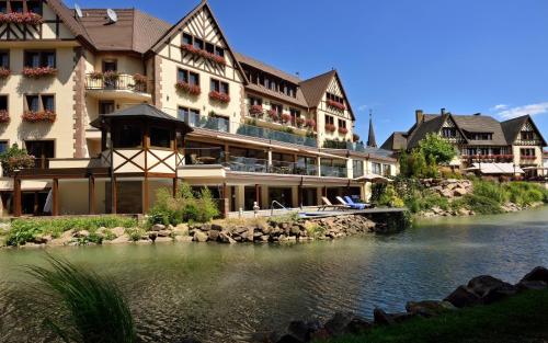 a large building next to a body of water at Hotel Spa Restaurant Domaine du Moulin in Ensisheim