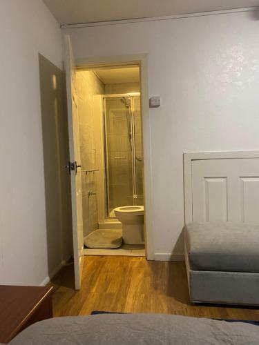 uma casa de banho com um chuveiro e um WC num quarto em Double En-suite Rooms em Nevendon