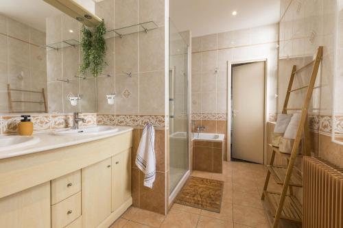 een badkamer met een douche, een wastafel en een spiegel bij L'élite Montauban calme et spacieux in Montauban