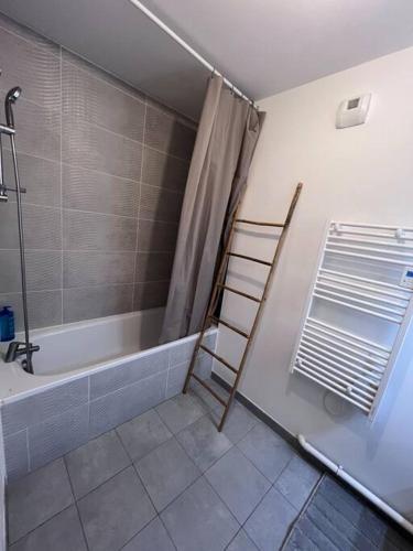 - une salle de bains avec une échelle à côté d'une baignoire dans l'établissement Appartement 4 personnes, à Pierrefitte-sur-Seine