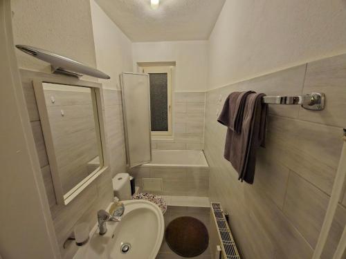 a small bathroom with a sink and a shower at Flora furnished fair apartments in Essen