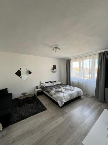 - une chambre avec un grand lit et une grande fenêtre dans l'établissement Romantic and cozy apartment with amazing view, à Arad