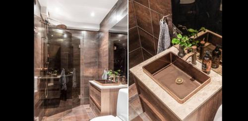 two pictures of a bathroom with a sink and a shower at 2 bedroom apartment close to Eurovision in Malmö