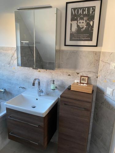 a bathroom with a sink and a mirror at Ferienhaus Paula in Marlow