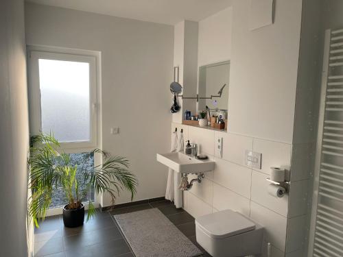 a bathroom with a sink and a toilet and a window at Wohlfühlen im Herzen von Wunstorf, 10min zum Meer in Wunstorf