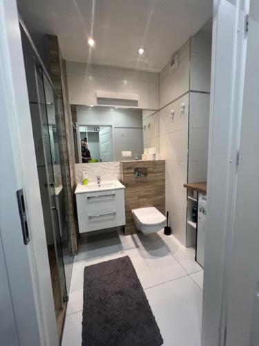 uma casa de banho com um WC, um lavatório e um espelho. em Apartament Baltic Sea 2 - Gdańsk Przymorze em Gdansk