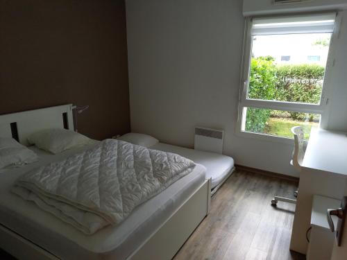 Schlafzimmer mit einem Bett und einem Fenster in der Unterkunft TY BIHAN - T2 - Wifi - Parking - Terrasse in Séné
