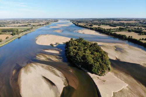 una vista aérea de un río con árboles en él en Maison de campagne en cours de rénovation dans un village en bord de Loire, en Saint-Mathurin
