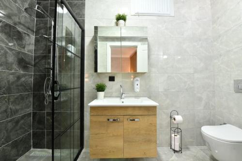 La salle de bains est pourvue d'un lavabo, d'une douche et de toilettes. dans l'établissement Sevinc Suite 1, à Istanbul