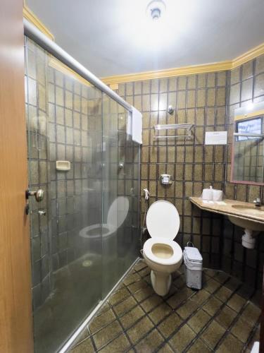 W łazience znajduje się toaleta i przeszklony prysznic. w obiekcie Central Hotel w mieście Campina Grande