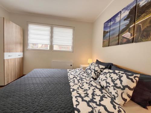 a bedroom with a bed and two windows at Apartman Laguna in Donji Milanovac