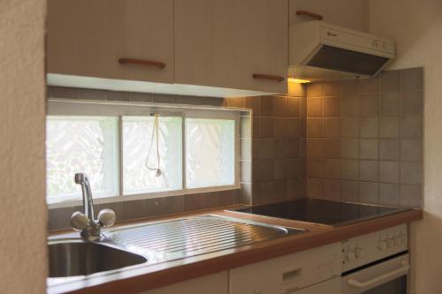 kuchnia ze zlewem i oknem w obiekcie Family friendly 2-Bedroom near Golf & Ski slopes w mieście Lens