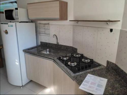 a kitchen with a stove and a sink and a refrigerator at Estúdios Mangueiras in Florianópolis