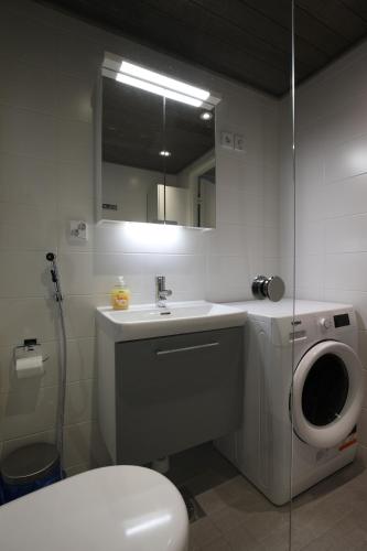 a bathroom with a sink and a toilet and a mirror at Hieno yksiö Tapiolan urheilupuistossa. in Espoo