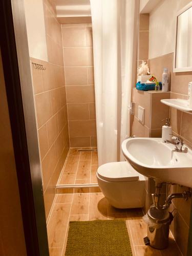 a bathroom with a toilet and a sink at Wohnung im Haus Annabelle Tiefparterre in Weeze