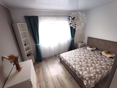 a bedroom with a bed and a large window at Mosnita Apartament in Moşniţa Nouă