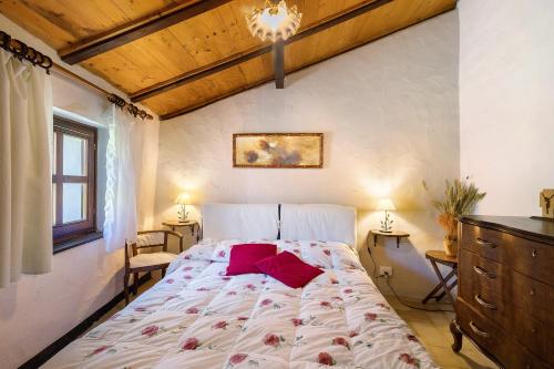 a bedroom with a large bed with red pillows on it at La Dimora del Tempo Perduto in Castelvecchio di Rocca Barbena