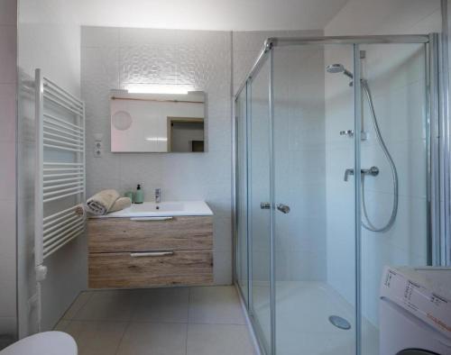 uma casa de banho com um chuveiro e um lavatório. em Stafétaház Apartmanok em Vác