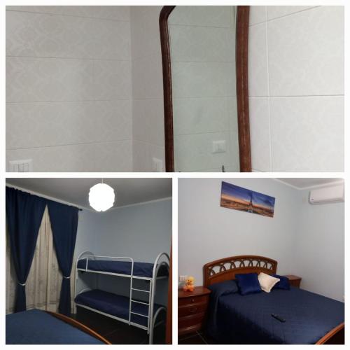 three pictures of a bedroom with a bed and a mirror at AFFITTACAMERE DAL TRAMONTO ALL'ALBA in Montesano Scalo