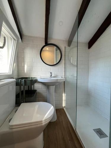bagno con servizi igienici, lavandino e specchio di Precioso ático a Santander