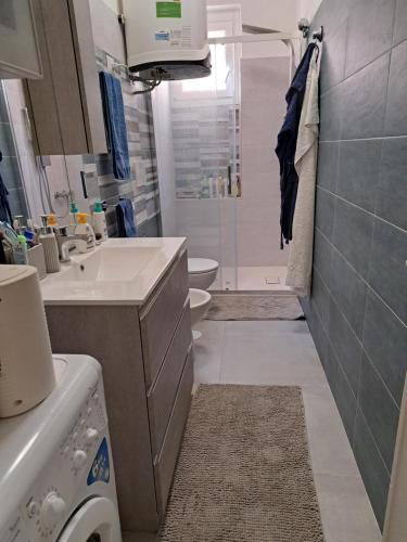 ein Bad mit einem Waschbecken, einem WC und einer Dusche in der Unterkunft Ladispoli centro mare alloggio turistico in Ladispoli