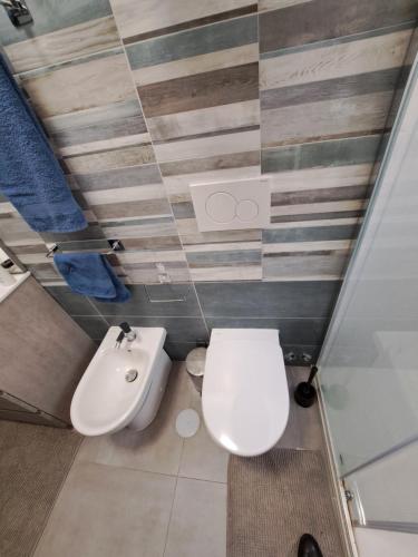 bagno con servizi igienici e lavandino di Ladispoli centro mare alloggio turistico a Ladispoli
