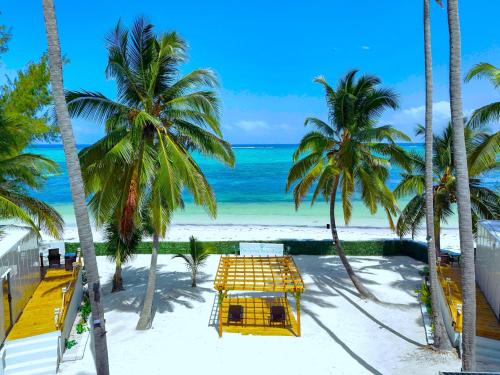 a beach with palm trees and the ocean at The Zanzibar Beach House-North in Bwejuu