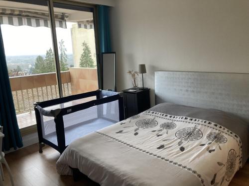 een slaapkamer met een bed en een groot raam bij Appartement 2 P 5 PER ENTRE BEAUVAL & CHENONCEAU in Montrichard
