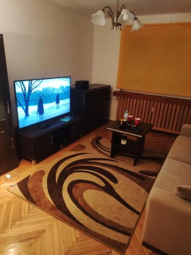 ein Wohnzimmer mit einem Flachbild-TV und einem Teppich in der Unterkunft Całe mieszkanie 2 pokojowe na wyłączność centrum Częstochowy, bardzo blisko Jasnej Góry in Częstochowa