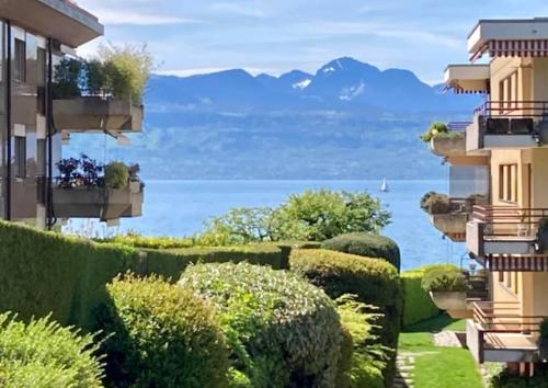 a view of the water from a building with bushes at Lausanne/Pully: appartement moderne et très bien situé in Pully