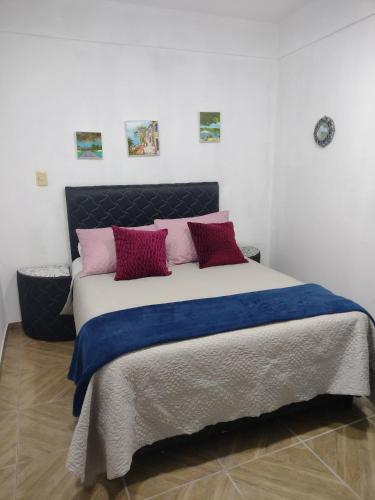 a bedroom with a large bed with red and pink pillows at LVL Hospedaje Ejecutivo in Ciudad del Este