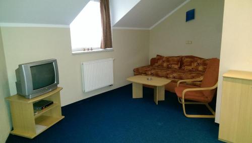 a living room with a couch and a tv at Casino & Pension Admiral Dolní Dvořiště in Dolní Dvořiště