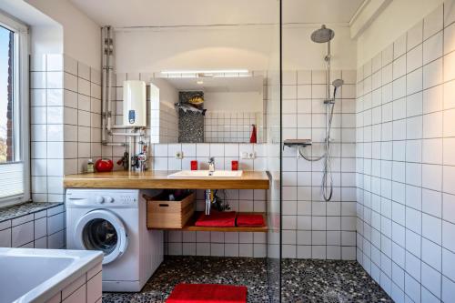a bathroom with a sink and a washing machine at Voßberg Fewo 1 in Grömitz