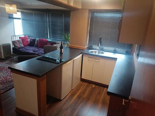 a kitchen with a counter top and a living room at Open space studio in Shawlands in Glasgow