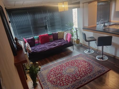 a living room with a couch and a rug at Open space studio in Shawlands in Glasgow