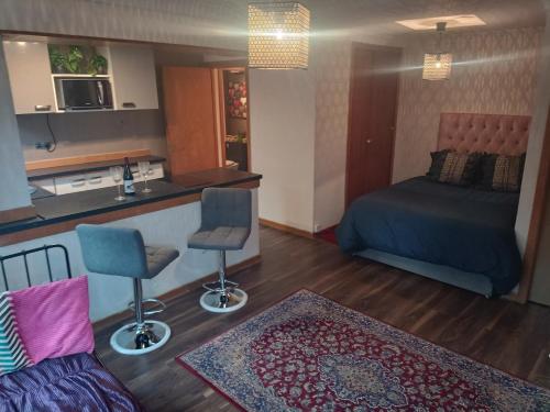uma pequena sala de estar com uma cama e uma cozinha em Open space studio in Shawlands em Glasgow