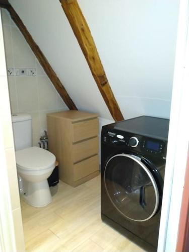 une salle de bain avec machine à laver et toilettes dans l'établissement Maison coeur de causse, à Fontanes-du-Causse