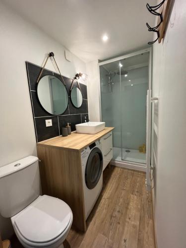 een badkamer met een wasmachine en een toilet bij HYPERCENTRE - Duplex de charme in Blois